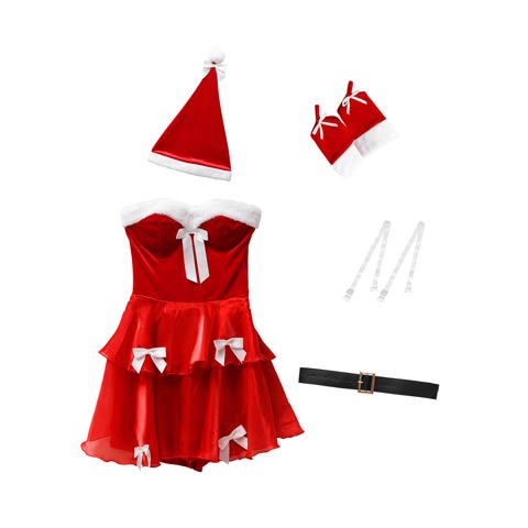 11/20新作!【5点SET】ホワイトリボンオーガンジーサンタコス【2025サンタ/コスプレ】(レッド-Sサイズ)