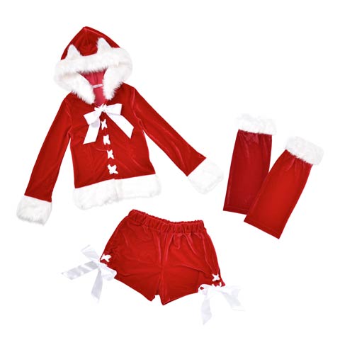 [3点セット]ネコ耳トップス＆ショートパンツセット【2025サンタ/コスプレ】★(レッド-Sサイズ)