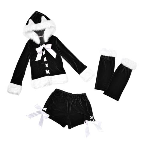 [3点セット]ネコ耳トップス＆ショートパンツセット【2025サンタ/コスプレ】★(ブラック-Sサイズ)