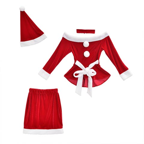 [4点SET]ペプラムサンタトップス＆タイトスカートセット【2025サンタ/コスプレ】★(レッド-Sサイズ)