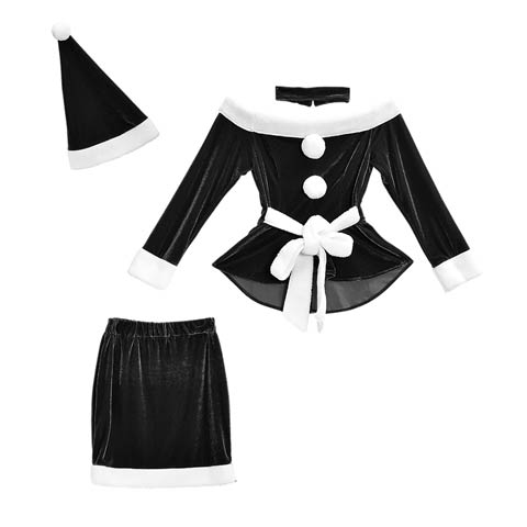 [4点SET]ペプラムサンタトップス＆タイトスカートセット【2025サンタ/コスプレ】★(ブラック-Sサイズ)