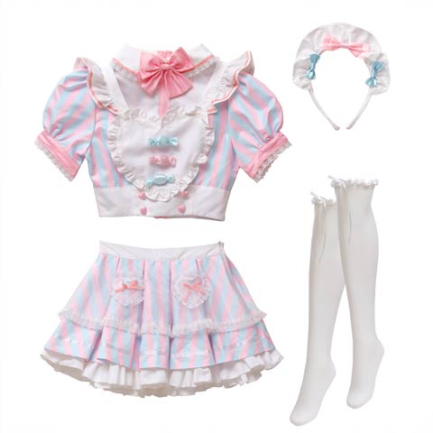 【オサレカンパニー監修】10/9新作![4点SET]キャンディーフリルメイドコスチューム【2025ハロウィン/コスプレ】(ピンク×ブルー-Sサイズ)