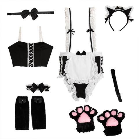 【オサレカンパニー監修】10/9新作![8点SET]セクシーネコメイドコスチューム【2025ハロウィン/コスプレ】(ブラック×ホワイト-Sサイズ)