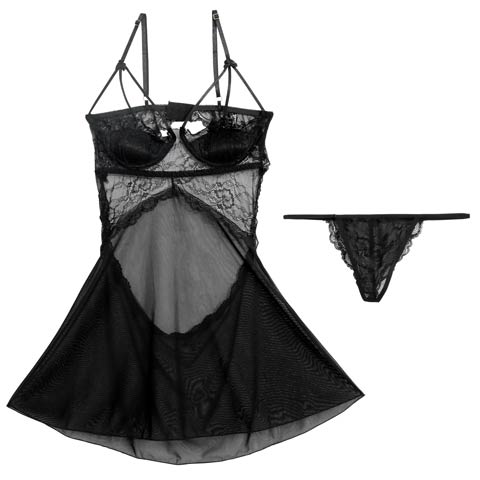 8/4新作![CARRIEFRANCA]ストリングバッグカットレースベビードール(ブラック-フリー)