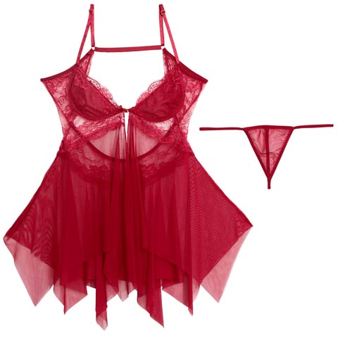 7/28新作![CARRIEFRANCA]ルビーチュールフロントホックベビードール(レッド-フリー)