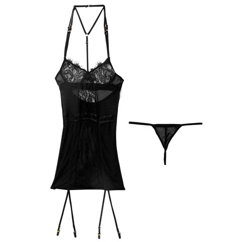 9/1新作![CARRIEFRANCA]ホルターストリングガーターベビードール(ブラック-フリー)