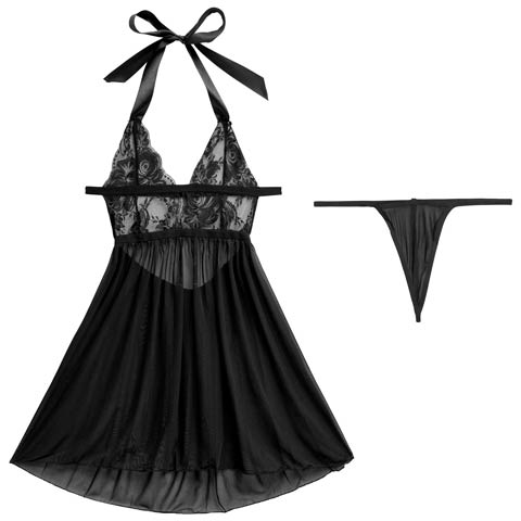 10/24新作![CARRIEFRANCA]ブルーミングリボンホルターベビードール(ブラック-フリー)