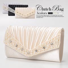 [全3色][2way]大粒パール付きプリーツクラッチバッグ