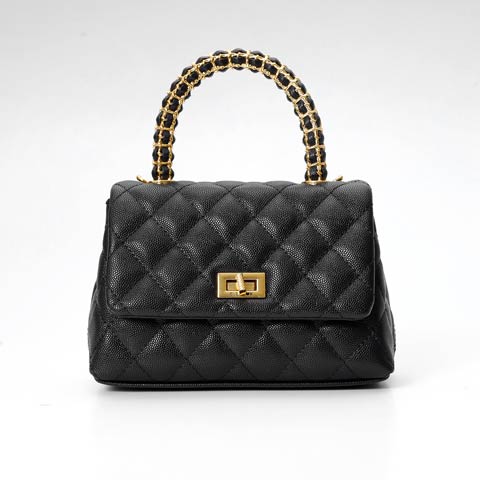 [2way]メタルハンドルキルティングハンドバッグ(ブラック-ハンドバッグ)