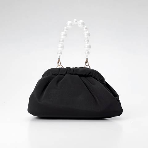 [2way]パールハンドルギャザーハンドバッグ(ブラック-ハンドバッグ)