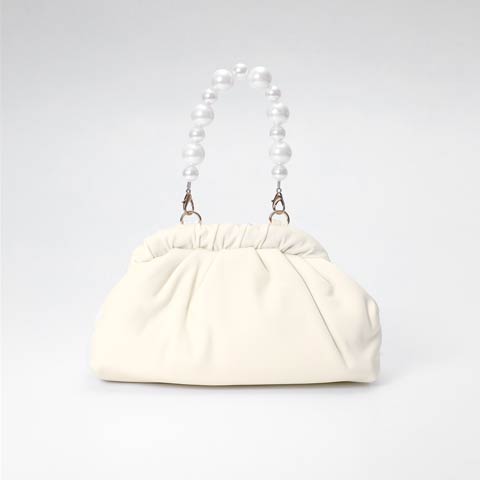 [2way]パールハンドルギャザーハンドバッグ(ホワイト-ハンドバッグ)