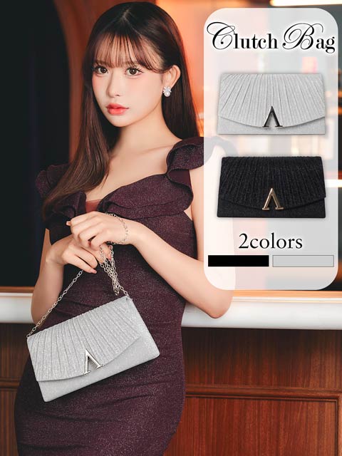 3/16新作![2way]グリッタープリーツVビジュー店内クラッチ＆ショルダーバッグ