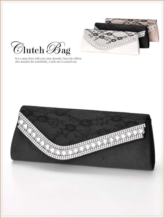 [全3色][2way]ビジュー付きレースサテンコンパクトクラッチバッグ