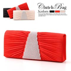 [全3色][2way]ラインストーン付プリーツサテンクラッチバッグ