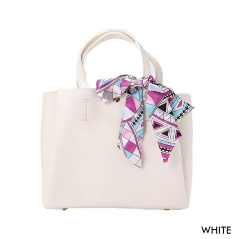 [全2色][2way]スカーフ付きシンプルワンカラーハンドバッグ(ホワイト-フリー)