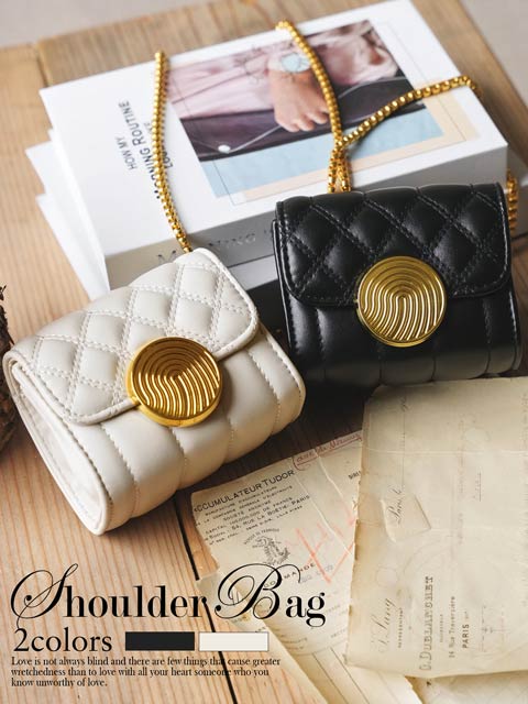 キルティングラウンドゴールドバックルショルダーバッグ