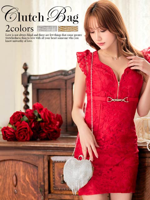 [2way]ビジューフリンジハートクラッチバッグ