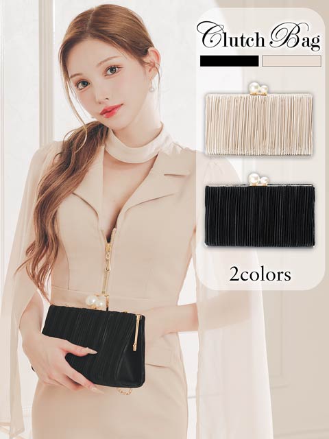 11/28新作![2way]ワンカラープリーツパールビジュークラッチバッグ[店内バッグ]