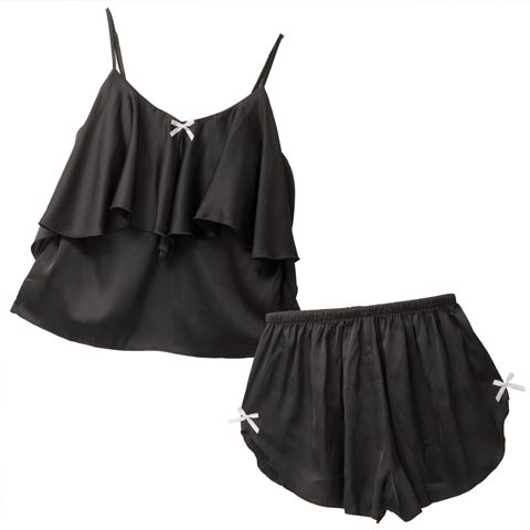 ティアードフリルリボンベビードール＆タップパンツ(ブラック-M)