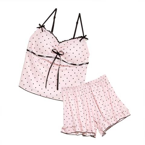 ガーリードットリボンレースベビードール＆タップパンツ(ピンク-M)