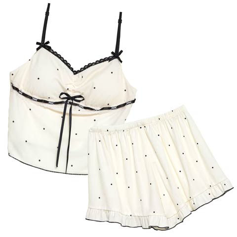 シンプルドットリボンレースベビードール＆タップパンツ(アイボリー-M)