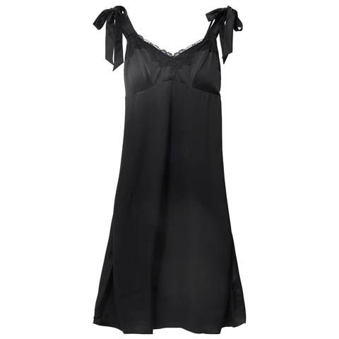 7/25新作!サテンレースショルダーリボンワンピースルームウェア(ブラック-M)