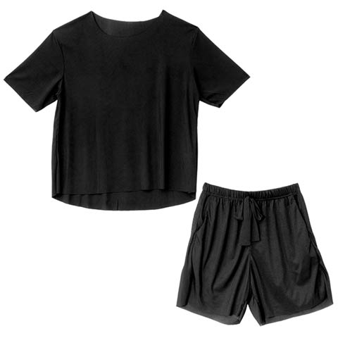 冷感リラックス半袖トップス&ショートパンツルームウェア(ブラック-M-L)