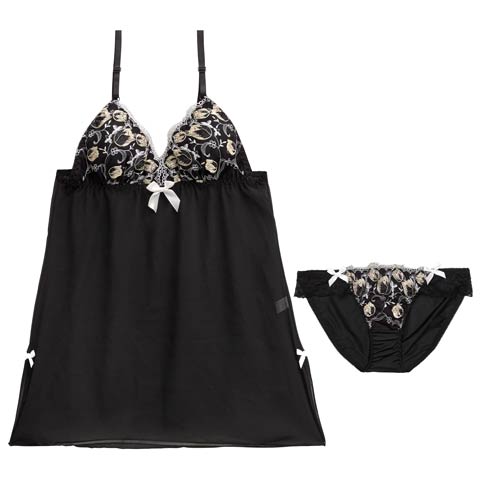 【予約:9/26頃より順次発送】9/24新作!ラグジュアリーリボンチューリップベビードール(ブラック-M)