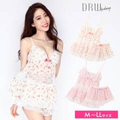 エレガントレースx花柄シフォンタップパンツ付きベビードールの