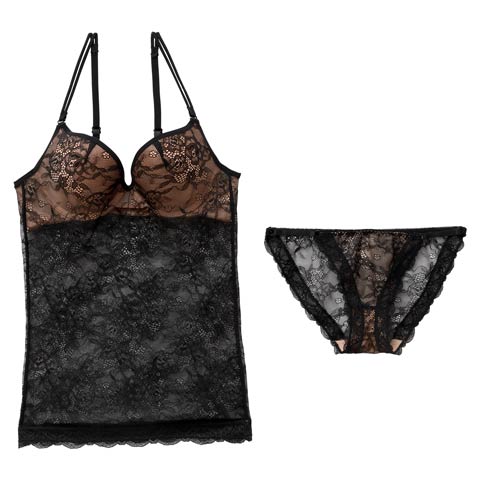 8/29新作!オールレースヌーディカップ付きキャミソール＆フルバックショーツ(ブラック-S)