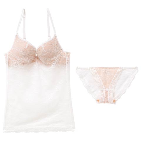8/29新作!オールレースヌーディカップ付きキャミソール＆フルバックショーツ(ホワイト-S)