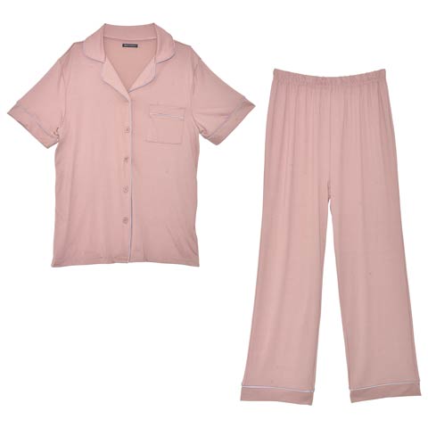 シンプルパイピング半袖トップス&ロングパンツルームウェア(ピンク-フリー)