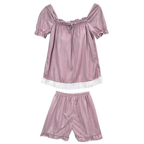レースサテンプリーツ風ストラップ半袖＆ハーフパンツルームウェア(パープル-M)