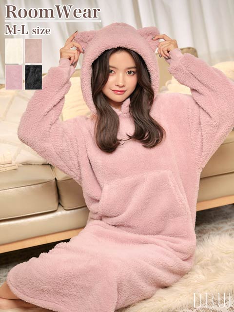 10/30再販!ねこ耳フード付きボアワンピースルームウェア