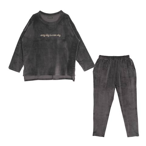 スムースロゴ刺繍トップス&ロングパンツルームウェア(グレー-ML)