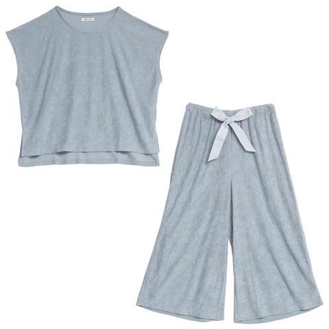 リブジャガードパイル半袖トップス＆ロングパンツルームウェア(ブルー-M)