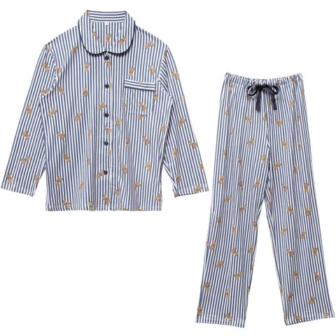 11/17新作!テディベアストライプ長袖トップス&ロングパンツルームウェア(ネイビー-M)