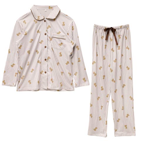 11/17新作!テディベアストライプ長袖トップス&ロングパンツルームウェア(ベージュ-M)