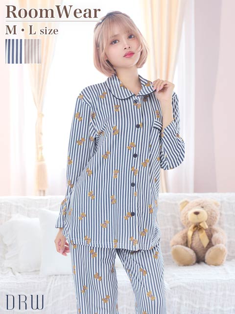 11/17新作!テディベアストライプ長袖トップス&ロングパンツルームウェア