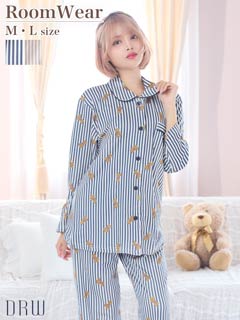 11/17新作!テディベアストライプ長袖トップス&ロングパンツルームウェア