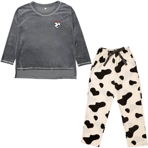 11/19新作!ハートカウモチーフ長袖トップス&ロングパンツルームウェア(グレー-M)