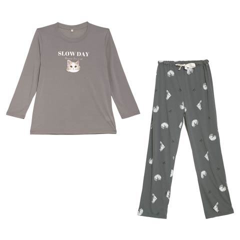 9/3新作!チャーミングキャットトップス&ロングパンツルームウェア(グレー-M)