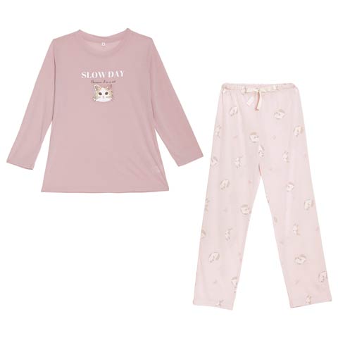 9/3新作!チャーミングキャットトップス&ロングパンツルームウェア(ピンク-M)