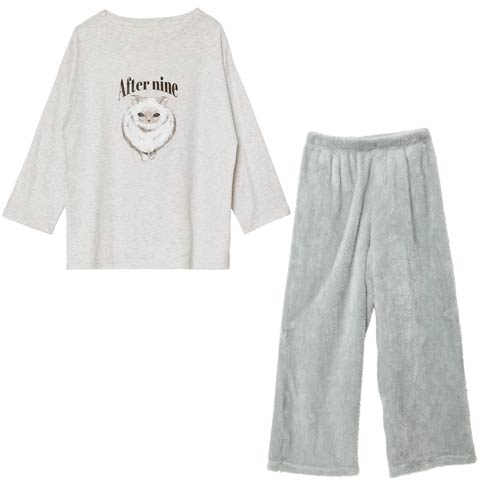 11/19新作!チャーミングキャット長袖トップス&ふわふわロングパンツルームウェア(グレー-フリー)