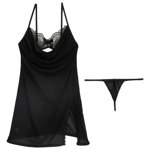 8/30再販!ドレープシフォンレーススリットベビードール(ブラック-フリー)