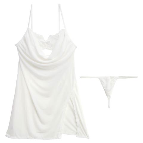 8/30再販!ドレープシフォンレーススリットベビードール(ホワイト-フリー)