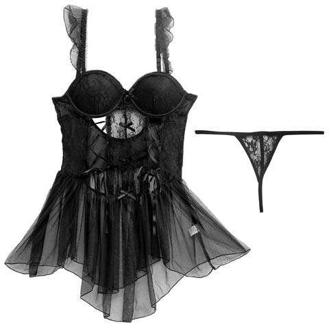 11/5再販!スピンドルコルセットレースベビードール(ブラック-M)