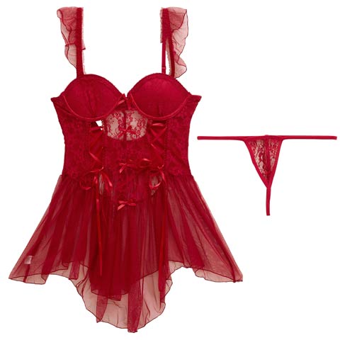 11/5再販!スピンドルコルセットレースベビードール(レッド-M)
