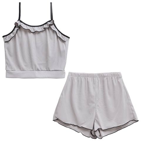 6/30新作!リブメローフリルキャミソール&ショートパンツルームウェア(グレー-S)