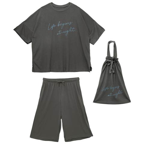 7/9新作!巾着付き五分袖ロゴトップス&ハーフパンツルームウェア(チャコール-ML)